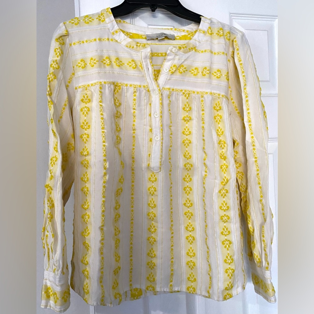 Yellow and White Striped Shirt by Loft.  Very pretty 1/2 Buttons w/Round Collar